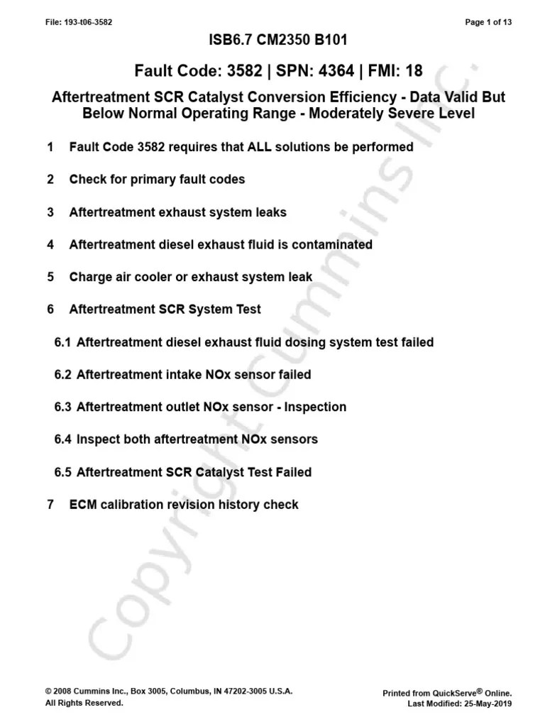 Fault Code: 3582 - SPN: 4364 - FMI: 18: ISB6.7 CM2350 B101 | PDF