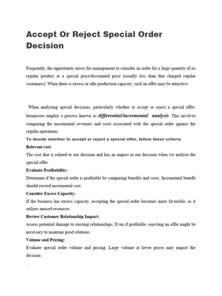Accept or Reject Special Order Decision PDF Expense Cost