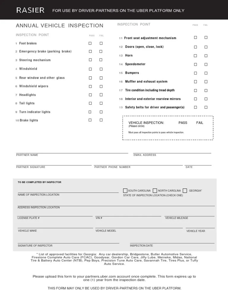 SC Uber Vehicle Inspection Form PDF Car Tire