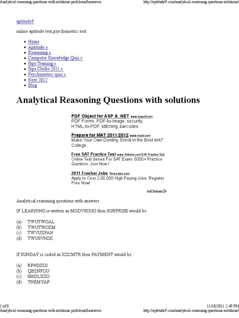 Analytical Reasoning Questions With Solutionsproblems&Answers PDF