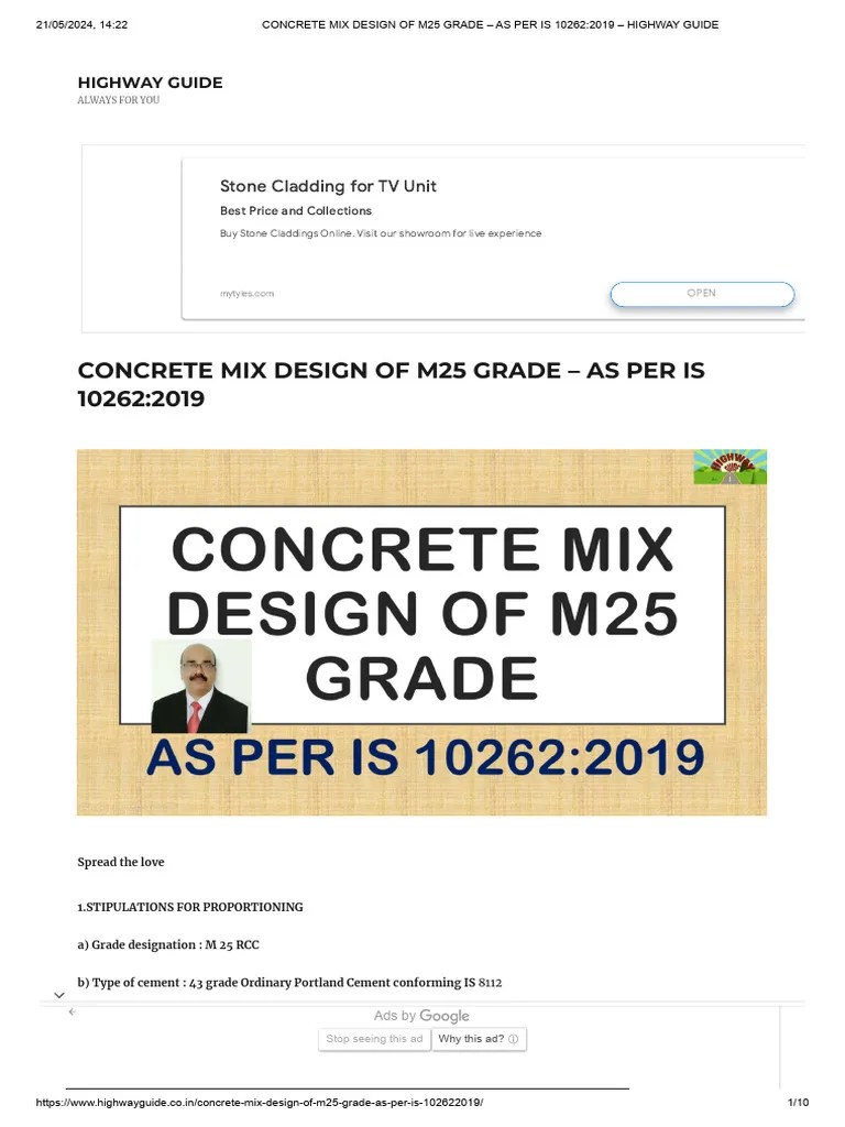 CONCRETE MIX DESIGN OF M25 GRADE AS PER IS 10262_2019 HIGHWAY GUIDE