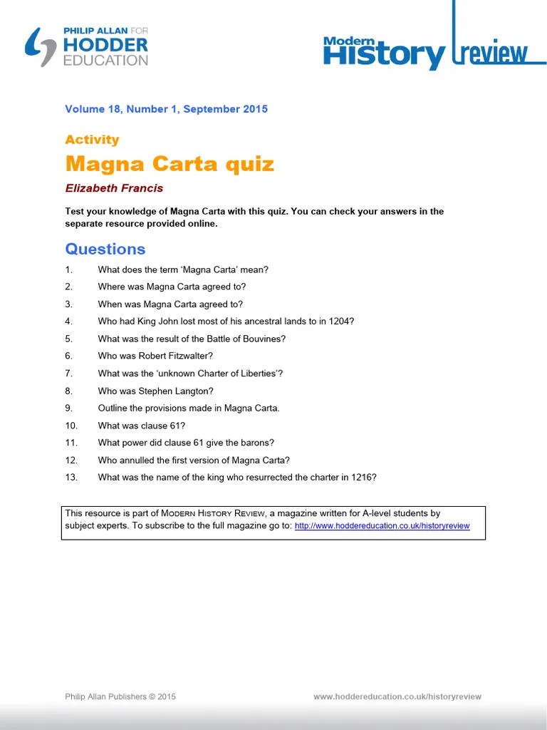 HistoryReview18 1 Magna Carta Quiz Questions PDF