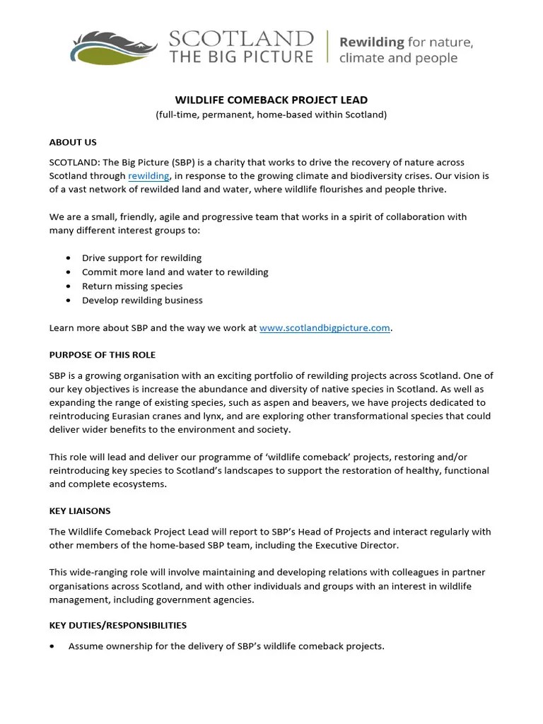 Wildlife Comeback Project Lead Role PDF Natural Environment