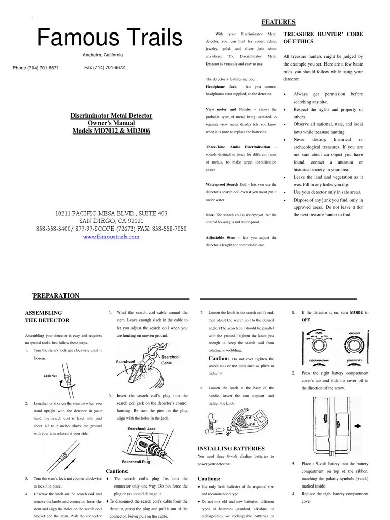 Fomaous Trails Metal Detector MD70123006manual Detector (Radio) Metals