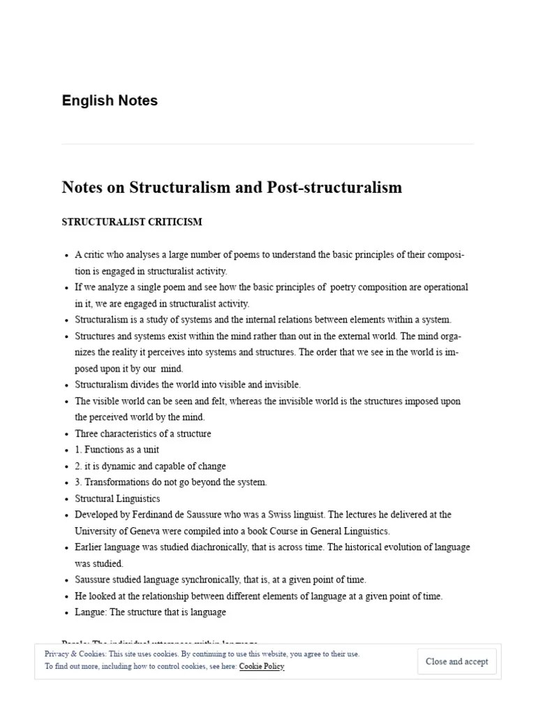 Notes On Structuralism and PostStructuralism English Notes PDF
