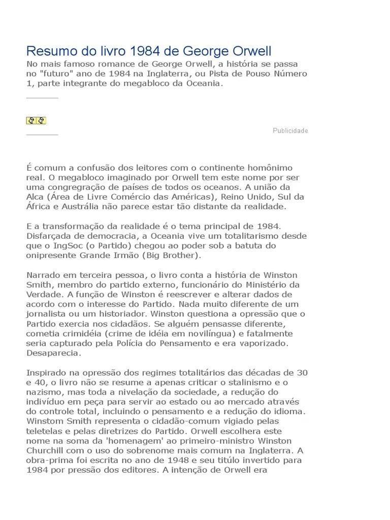 Resumo Do Livro 1984 de Orwell Tumultos