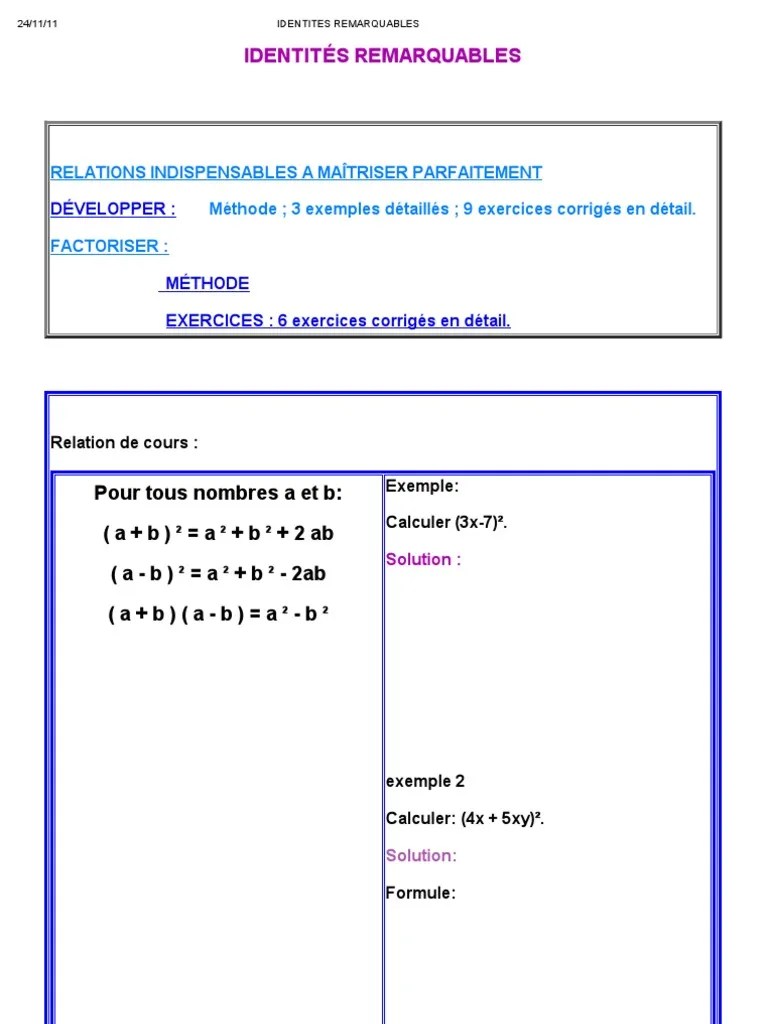 Identites Remarquables PDF Factorisation Objets mathématiques
