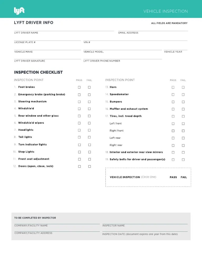 Lyft Vehicle Inspection Form Template PDF(05)