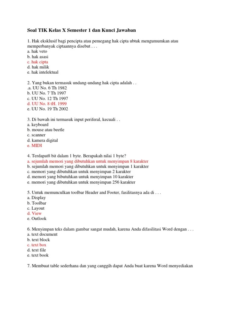 Soal TIK Kelas X Semester 1 Dan Kunci Jawaban | PDF
