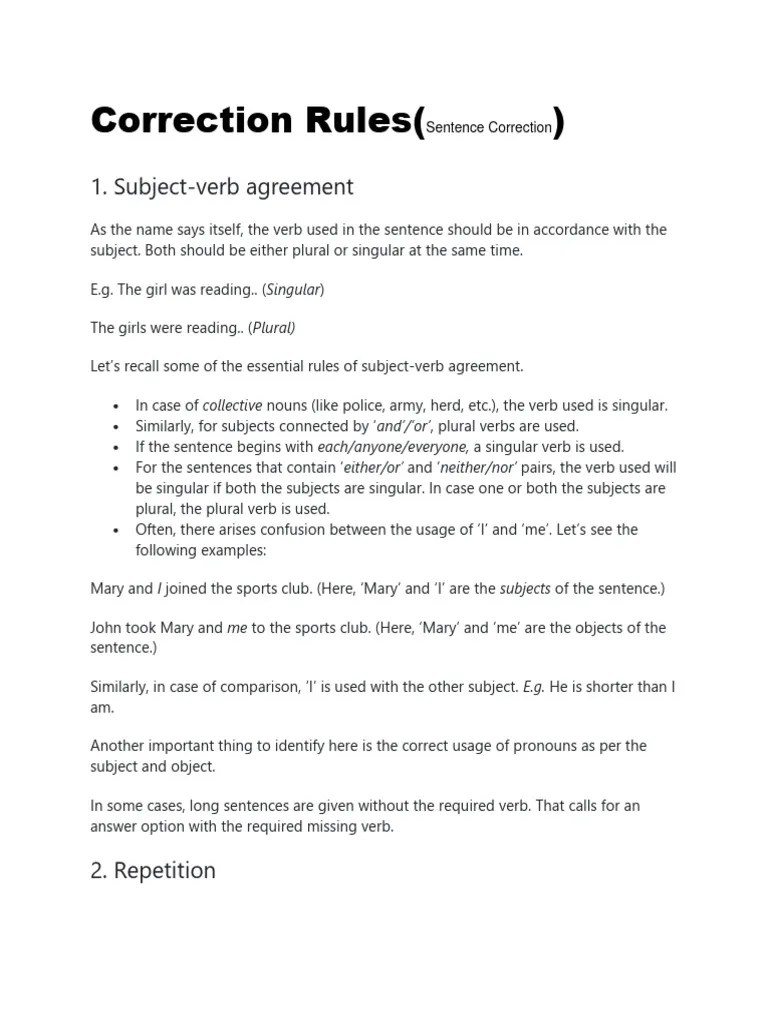 Correction Rules PDF Grammatical Number Verb