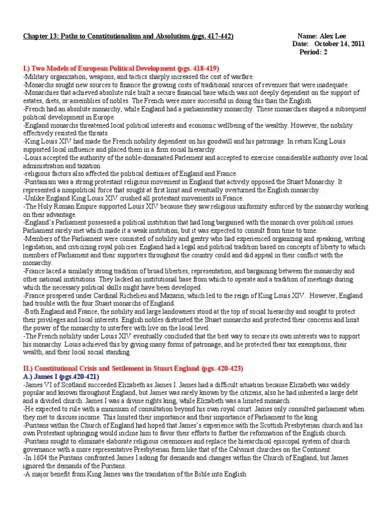 AP Euro Chapter 13 Outline Notes Template Louis Xiv Of France