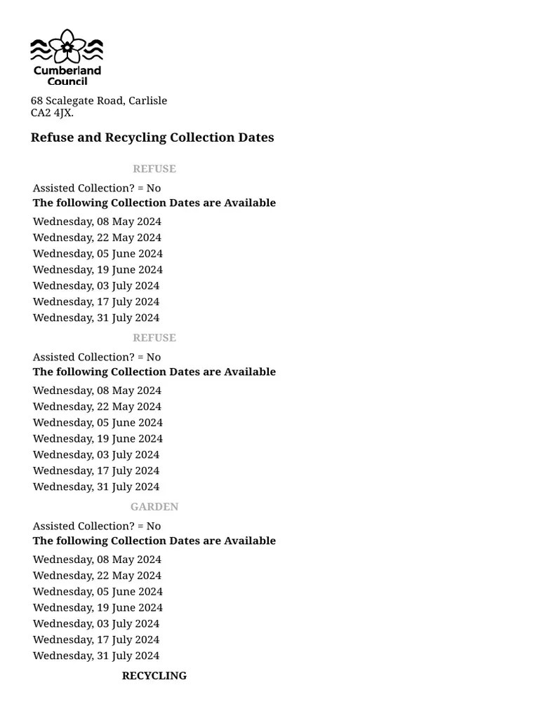 Refuse and Recycling Collection Dates PDF