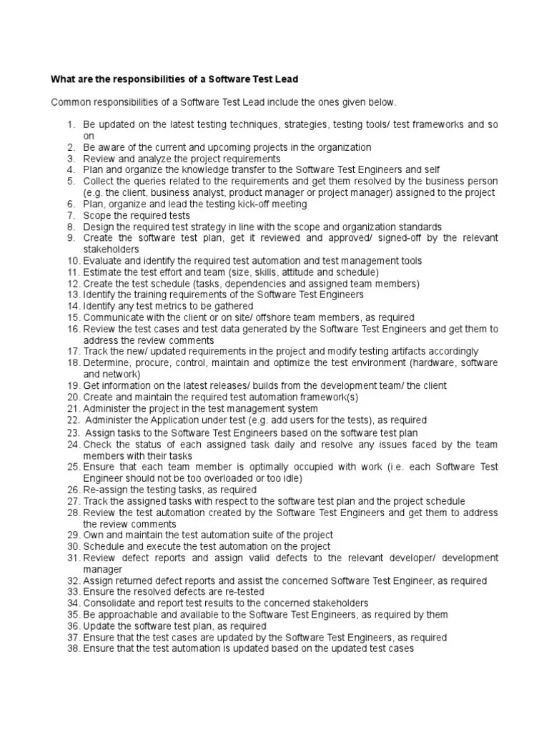 Test Lead Responsibilities PDF Software Testing Software