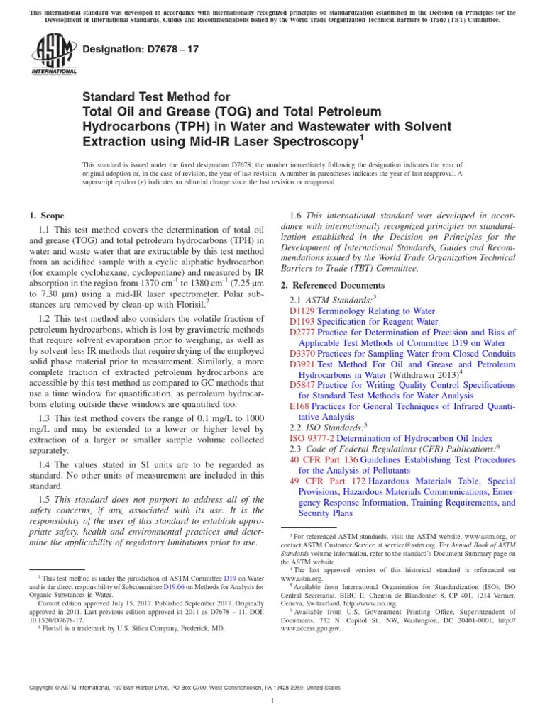 D7678 Standard Test Method for Total Oil and Grease (TOG) and Total Petroleum Hydrocarbons (TPH