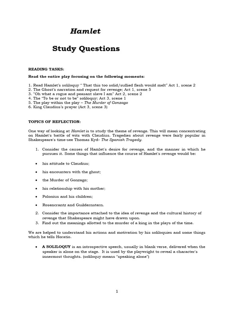 HAMLET Study Questions PDF Hamlet
