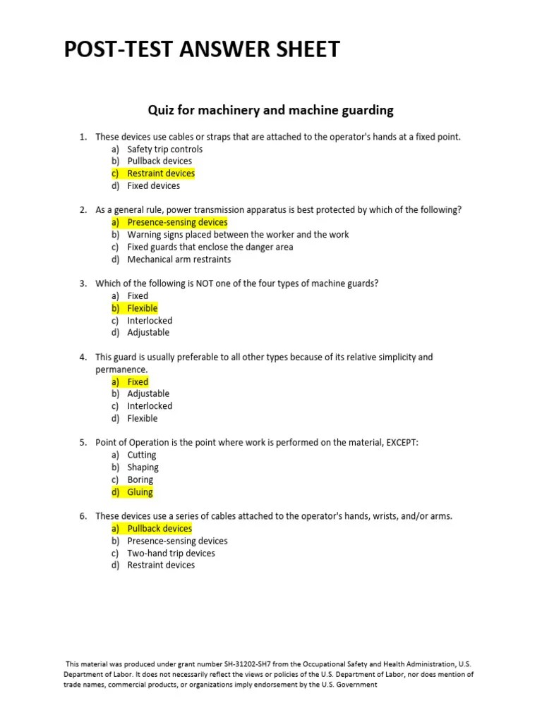 Machinery & Machine Guarding Post Test ANSWERS_0 PDF Machines
