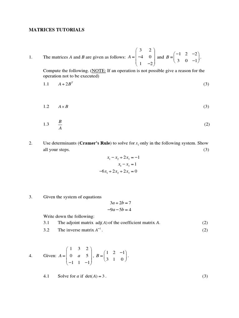 4.matrices Question Papers PDF Matrix (Mathematics) Determinant
