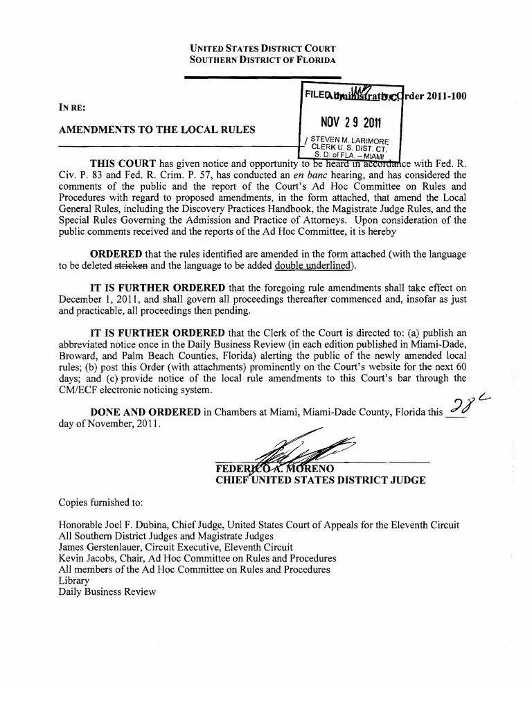 Southern District of Florida Order Amending Local Rules 2011100