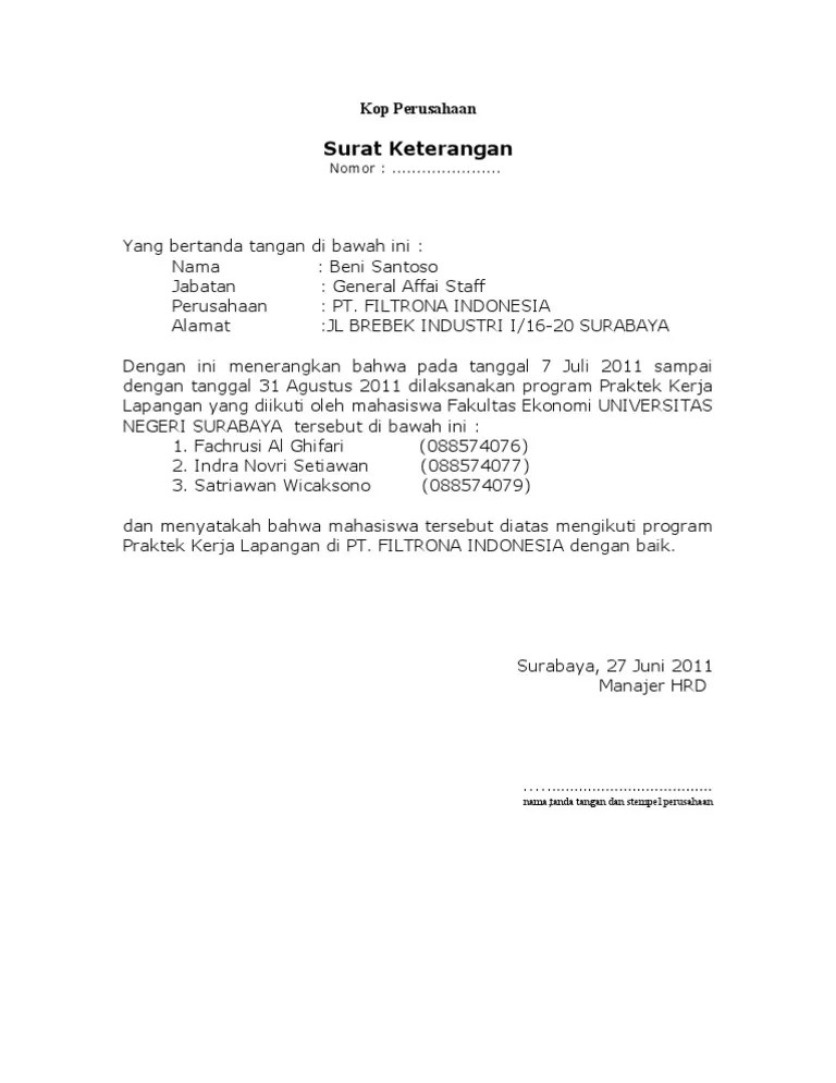 Contoh Surat Balasan Kerja Praktek Dari Perusahaan