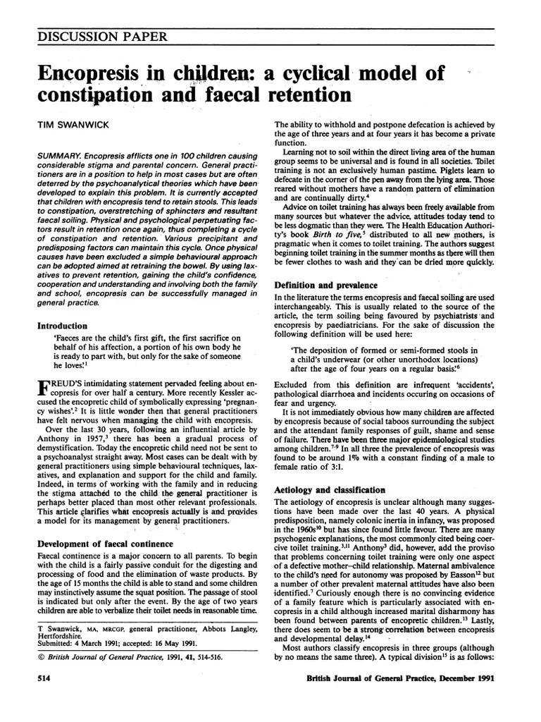 Encopresis in Children A Cyclical Model of Constipation and Faecal