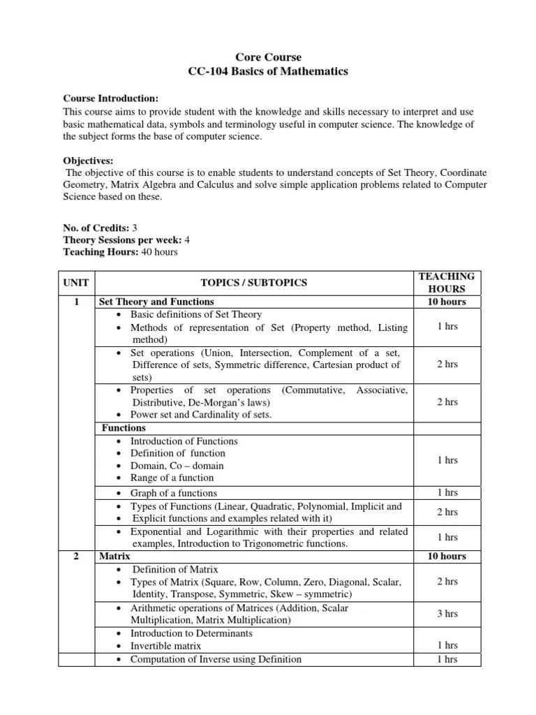 Syllabus BCA Sem 1 Basics of Mathematics Matrix (Mathematics) Line