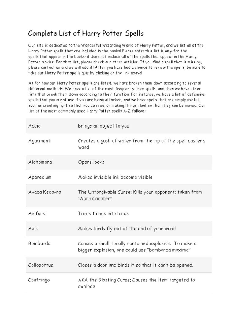 Comprehensive Harry Potter Spells List PDF Harry Potter Universe(05)