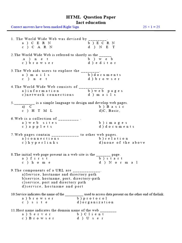 HTML Question Paper PDF World Wide  & 