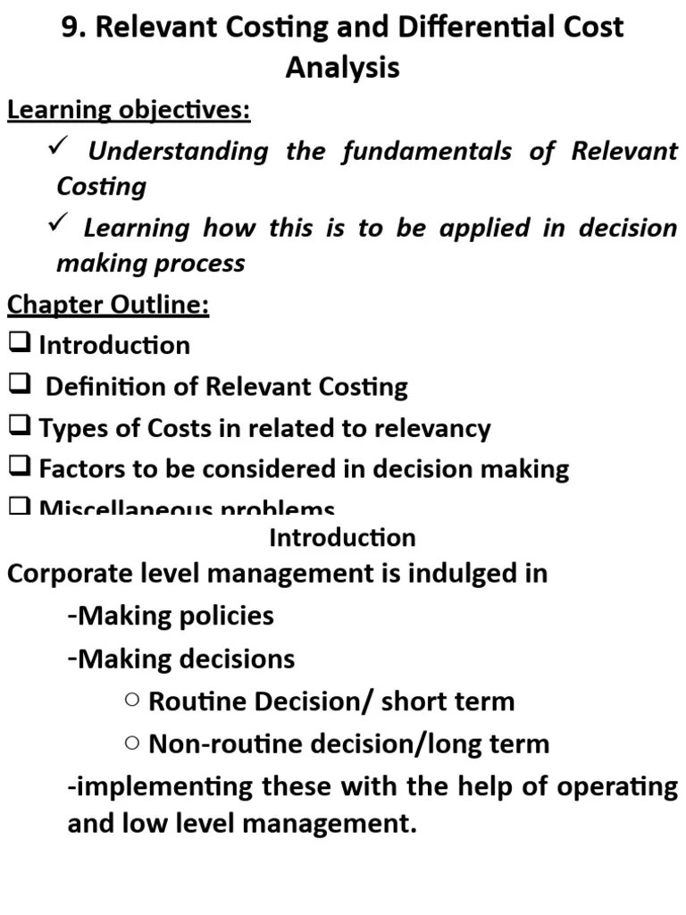 Relevant Costing and Cost Analysis PDF Cost Prices