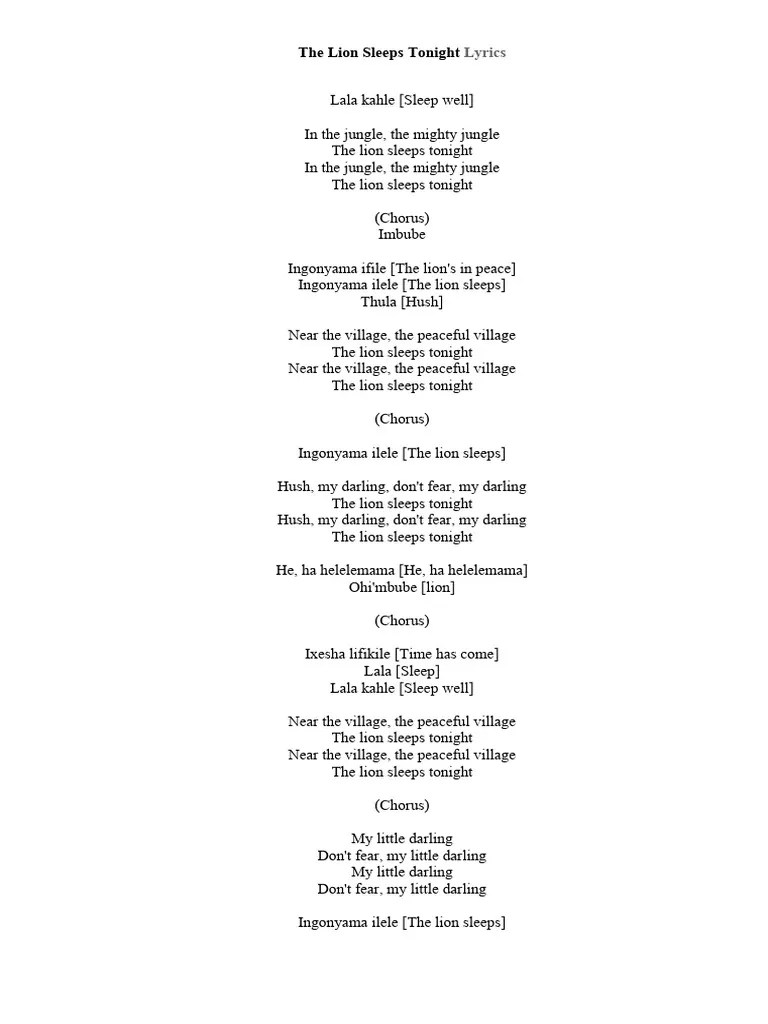 The Lion Sleeps Tonight Lyrics PDF