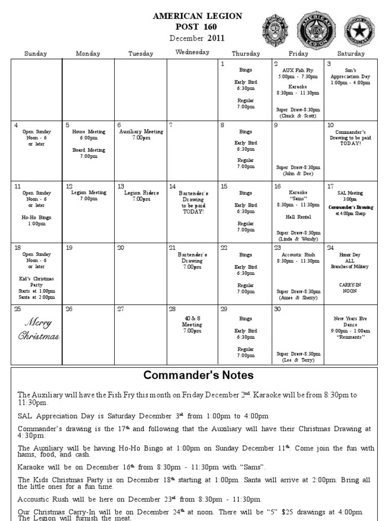 December Events at American Legion Post 160 PDF Cooking, Food &amp; Wine
