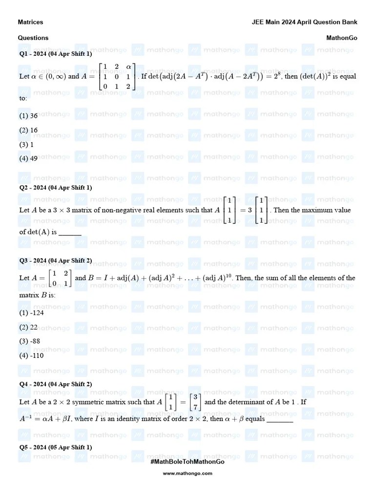 Matrices JEE Main 2024 April Question Bank MathonGo PDF Matrix