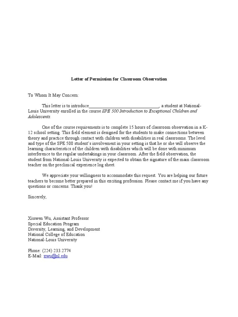 Letter of Permission for Classroom Observation