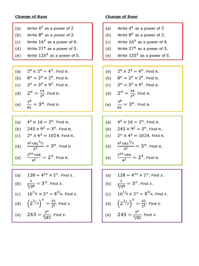 Change of Base Practice Strips PDF
