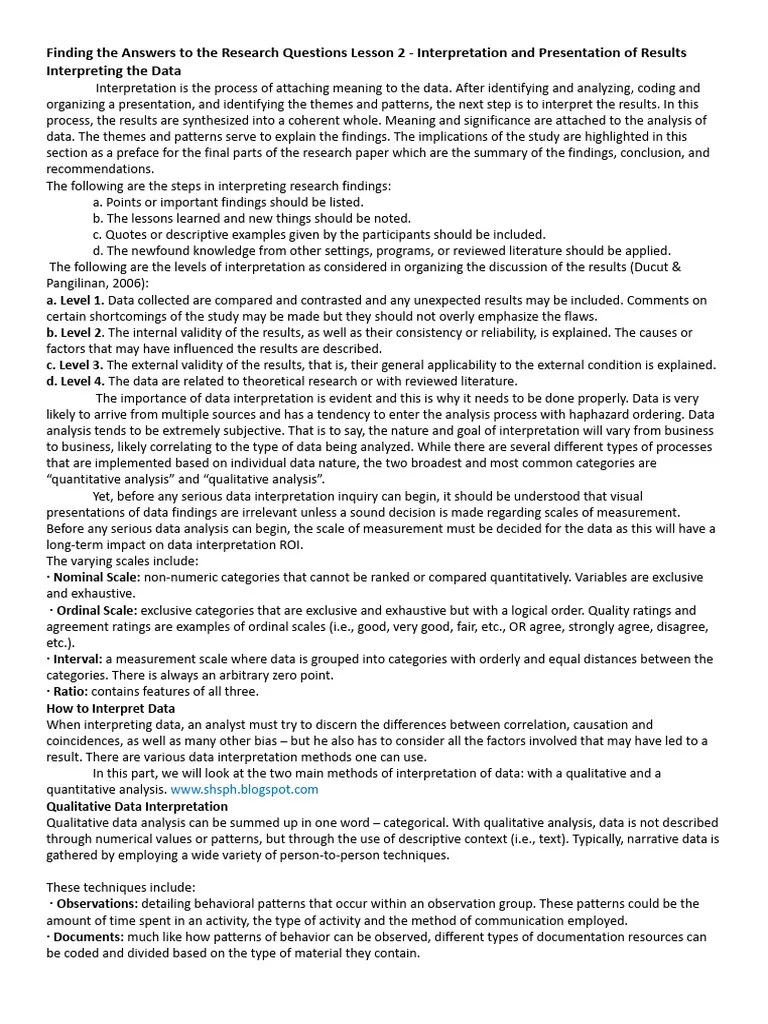 Finding The Answers To The Research Questions Lesson 2 - Interpretation