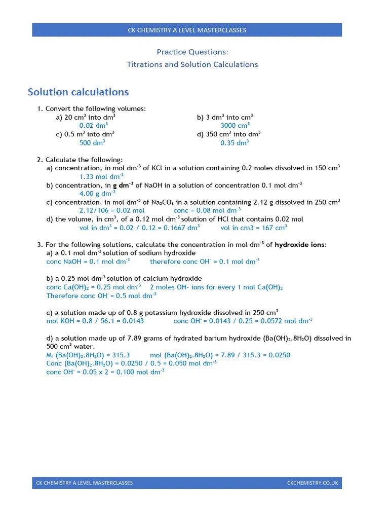 Titrations and Solution Calculations Practice Questions Answers PDF