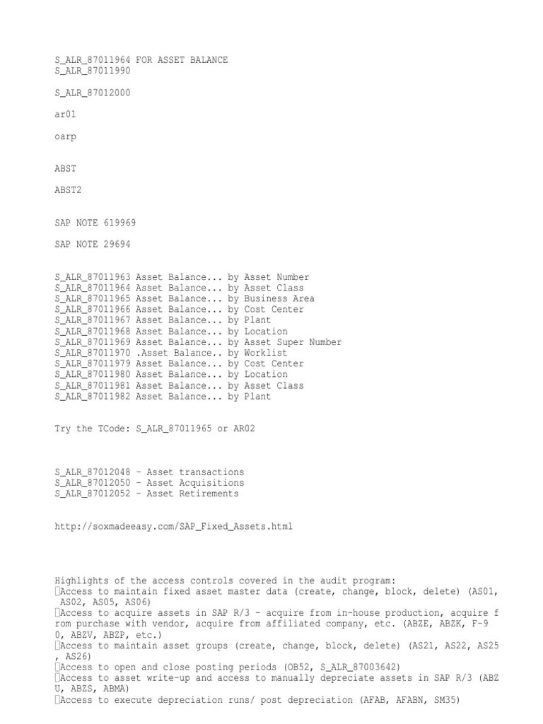 Tcode For Asset Register and Other Report PDF