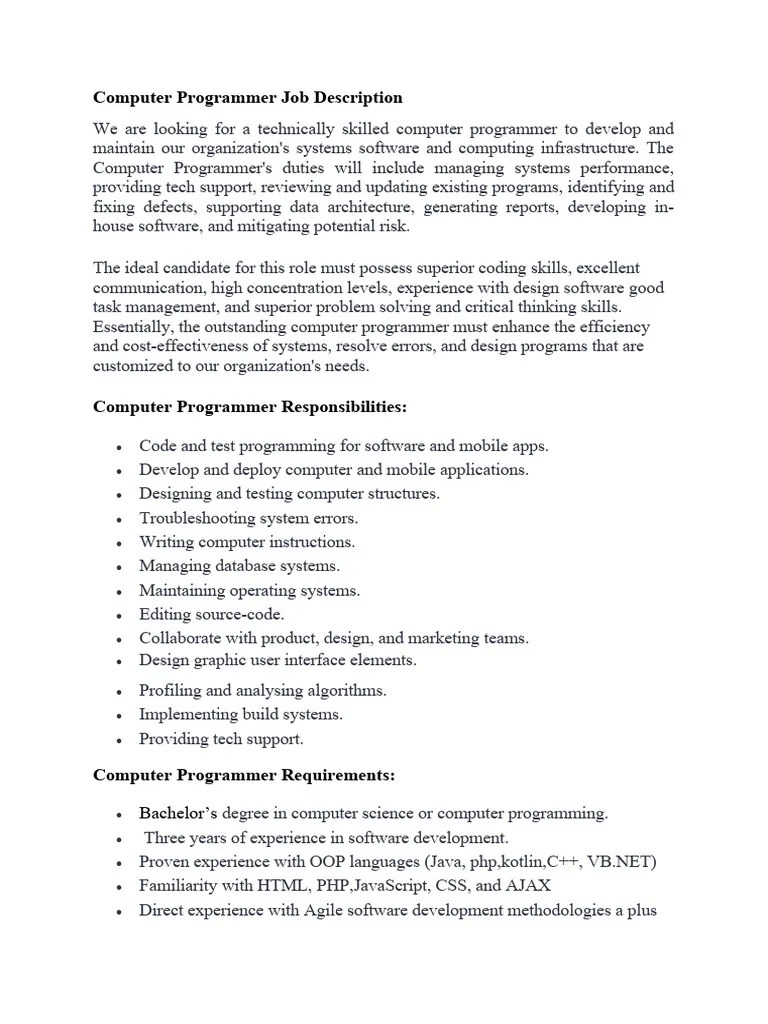 Computer Programmer Job Description PDF
