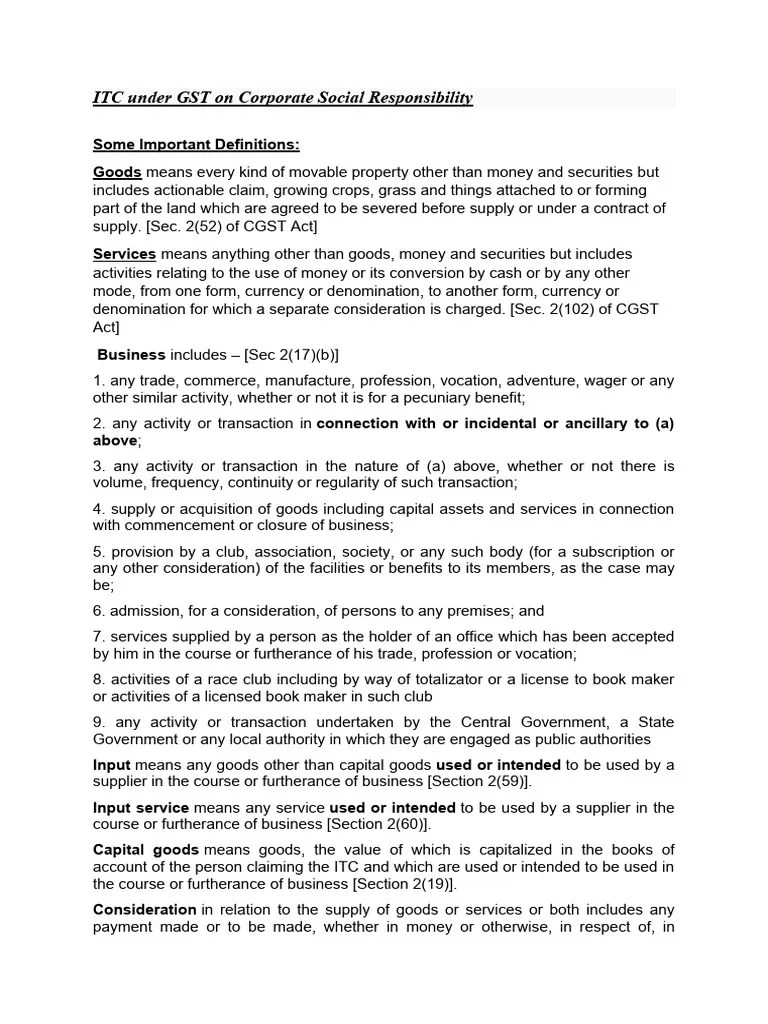 ITC under GST on Corporate Social Responsibility Download Free PDF