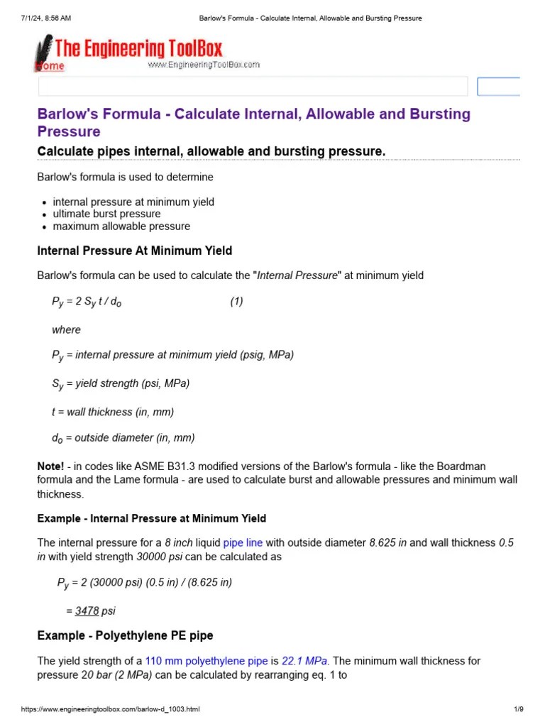 Barlow's Formula Calculate Internal, Allowable and Bursting Pressure