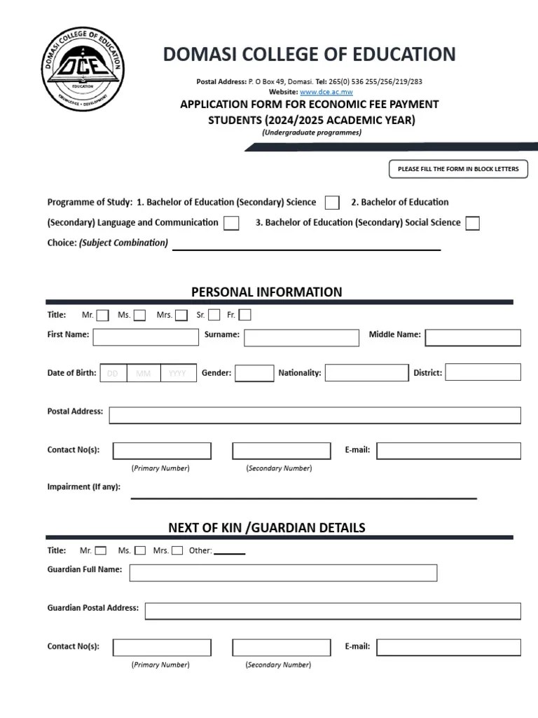 Domasi College of Education Application Form For Economic Fee Payment Students (2025/2025 Academic Year) PDF Science
