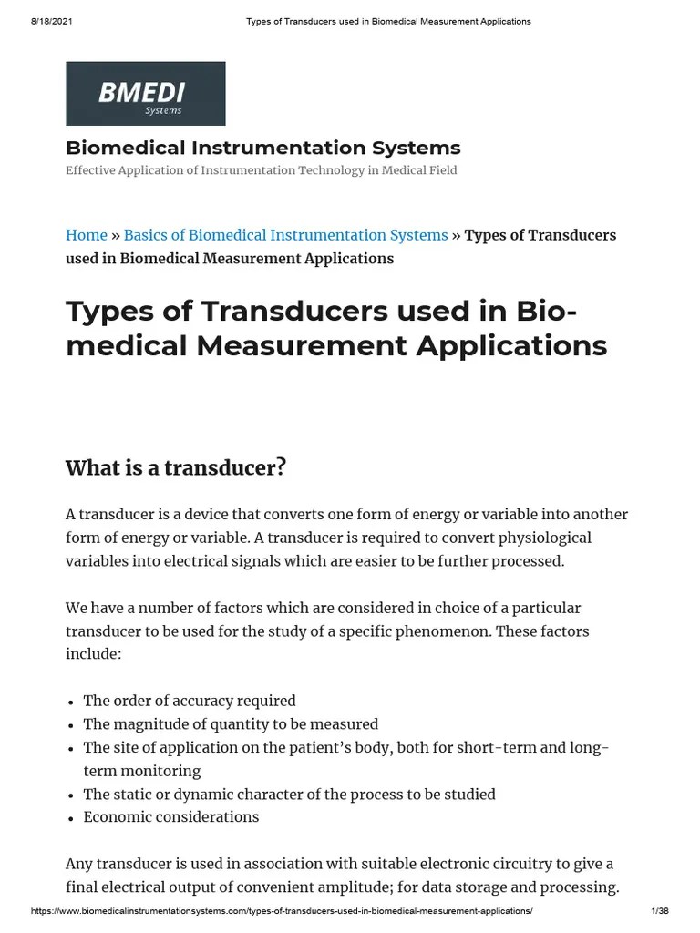 Types of Transducers Used in Biomedical Measurement Applications PDF