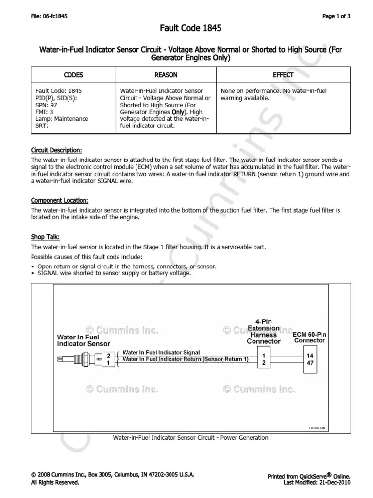 06Fc1845 WaterInFuel Indicator Sensor Circuit Voltage Above Normal