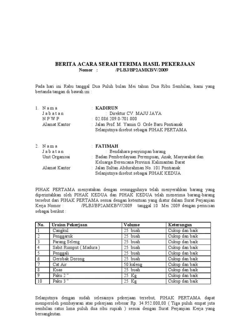 Berita Acara Serah Terima Hasil Pekerjaan | PDF