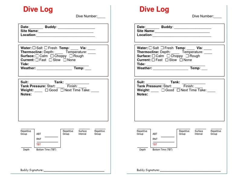 Scuba Dive Log Book Form PADI