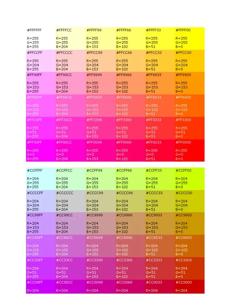 RGB Color Codes Reference Chart PDF Computer Programming