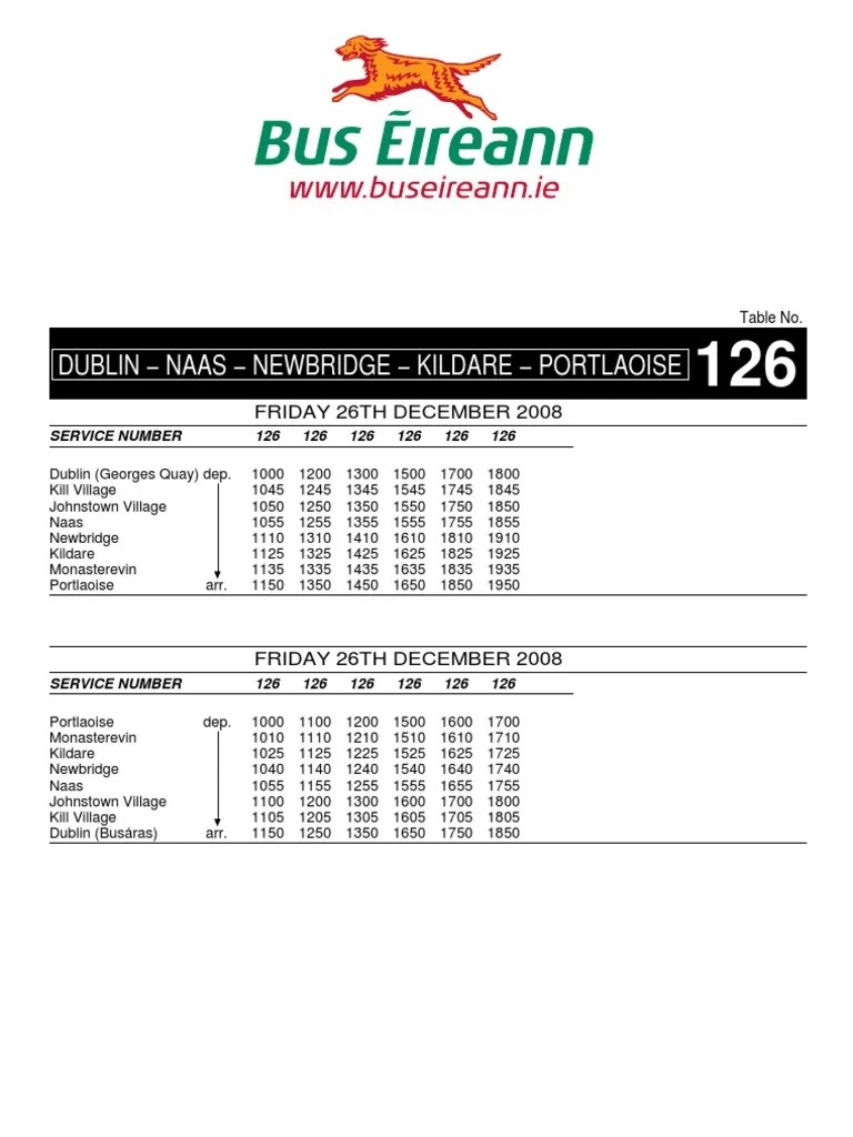 Bus Eireann 126 Time Table Dublin Public Transport