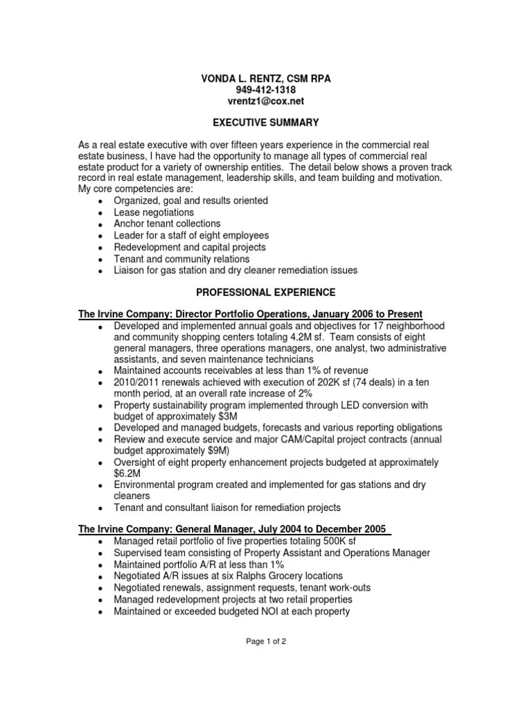 Commercial Real Estate Manager in Washington DC Resume Vonda Rentz