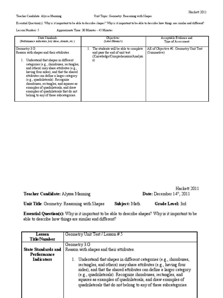 Summative Assessment Lesson Plan PDF Shape Rectangle