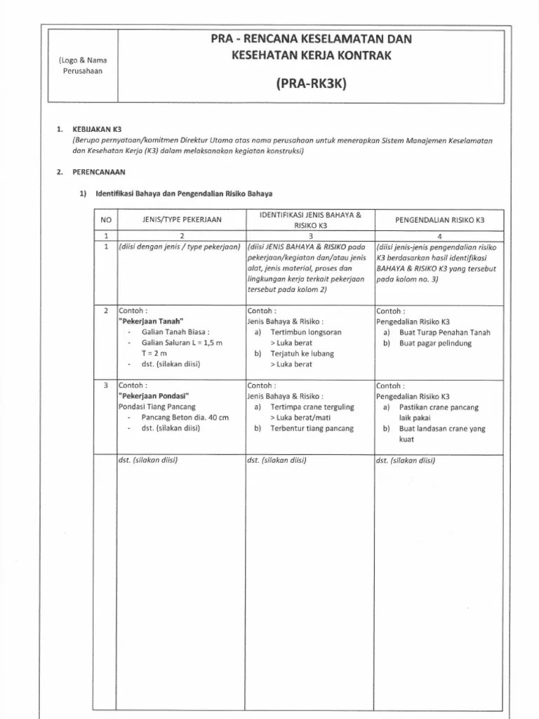 Contoh Pra Rencana K3 Kontrak