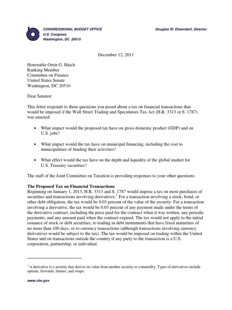 CBO Hatch Letter on Financial Transaction Tax Financial Markets
